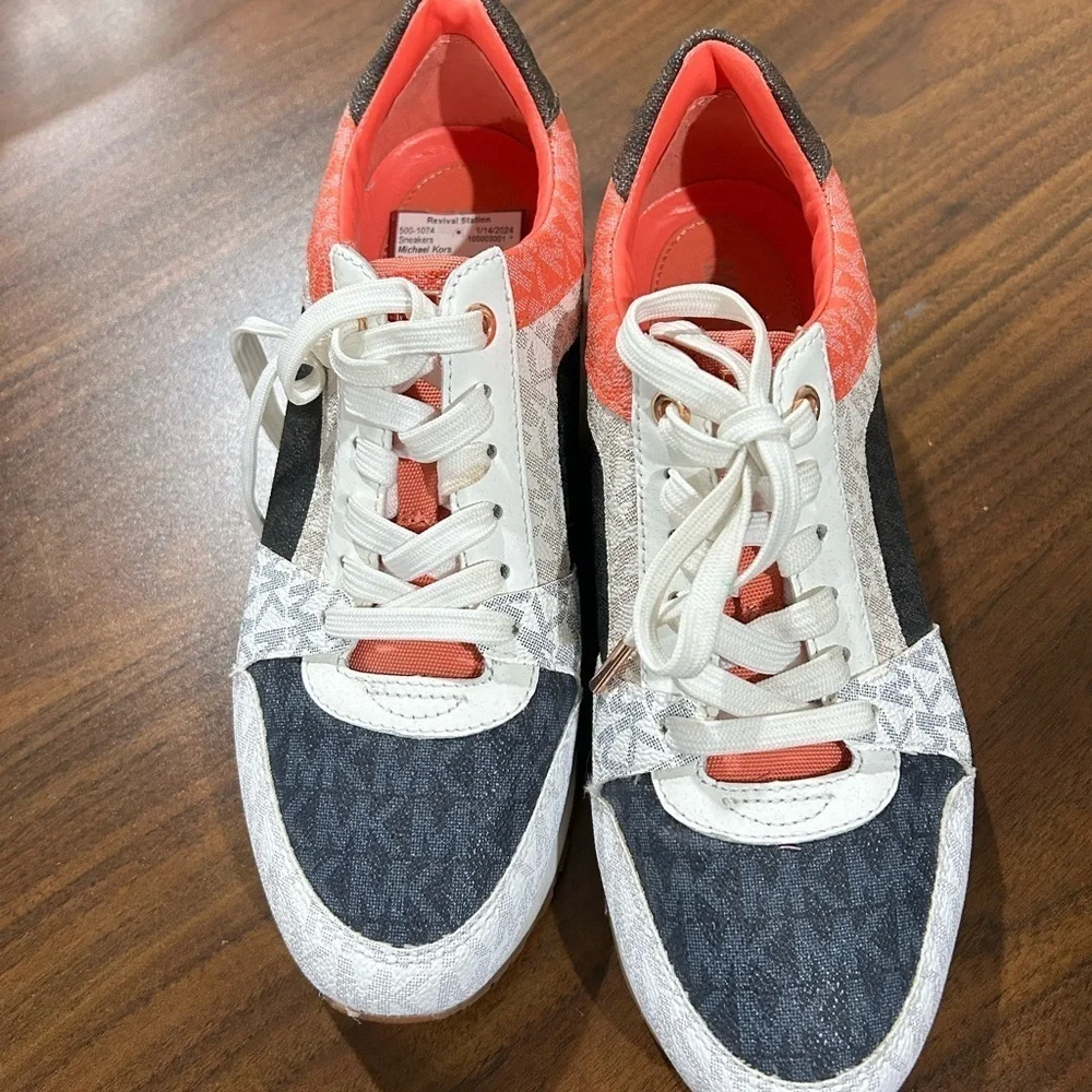 Michael Kors Billie Metallic Platform Trainer Coral and Blue Sneakers